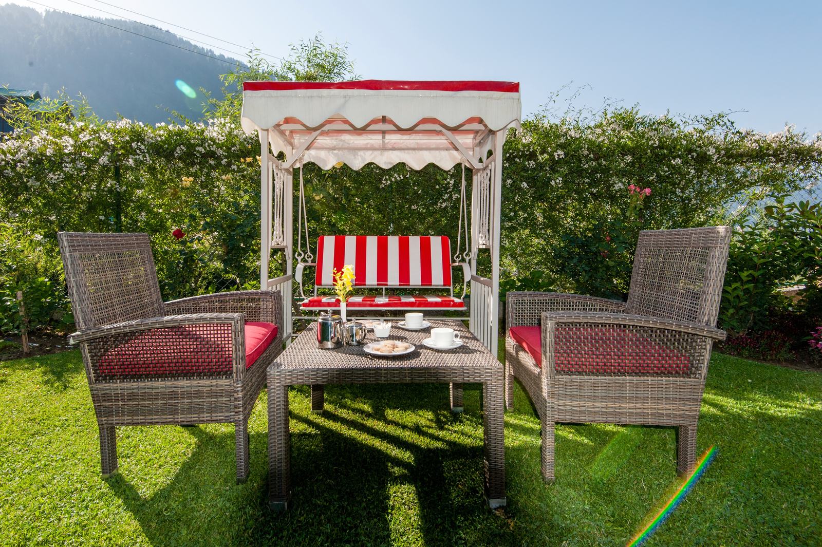 Tea set out beside a striped garden swing